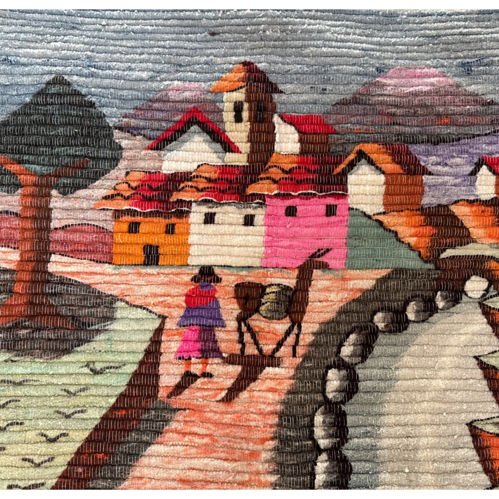 Vintage Peruvian Wool Tapestry Hand Woven ART Wall Hanging Village 35x32" Llama